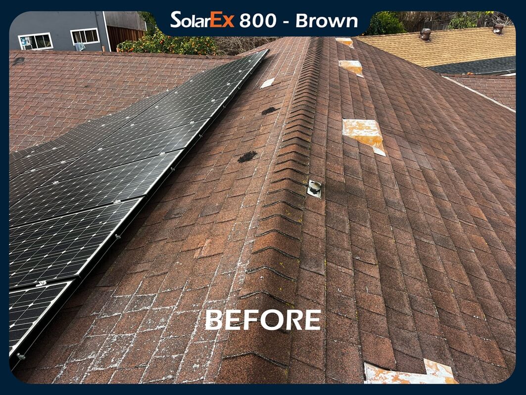 Asphalt shingle roof before and after application of ShinglEx 800 acrylic rejuvenation coating-brown-1