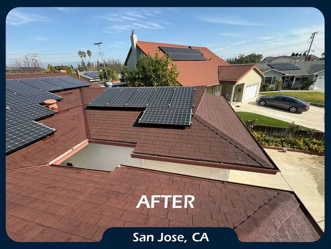 Asphalt shingle roof before and after application of ShinglEx 800 acrylic rejuvenation coating Brown 2