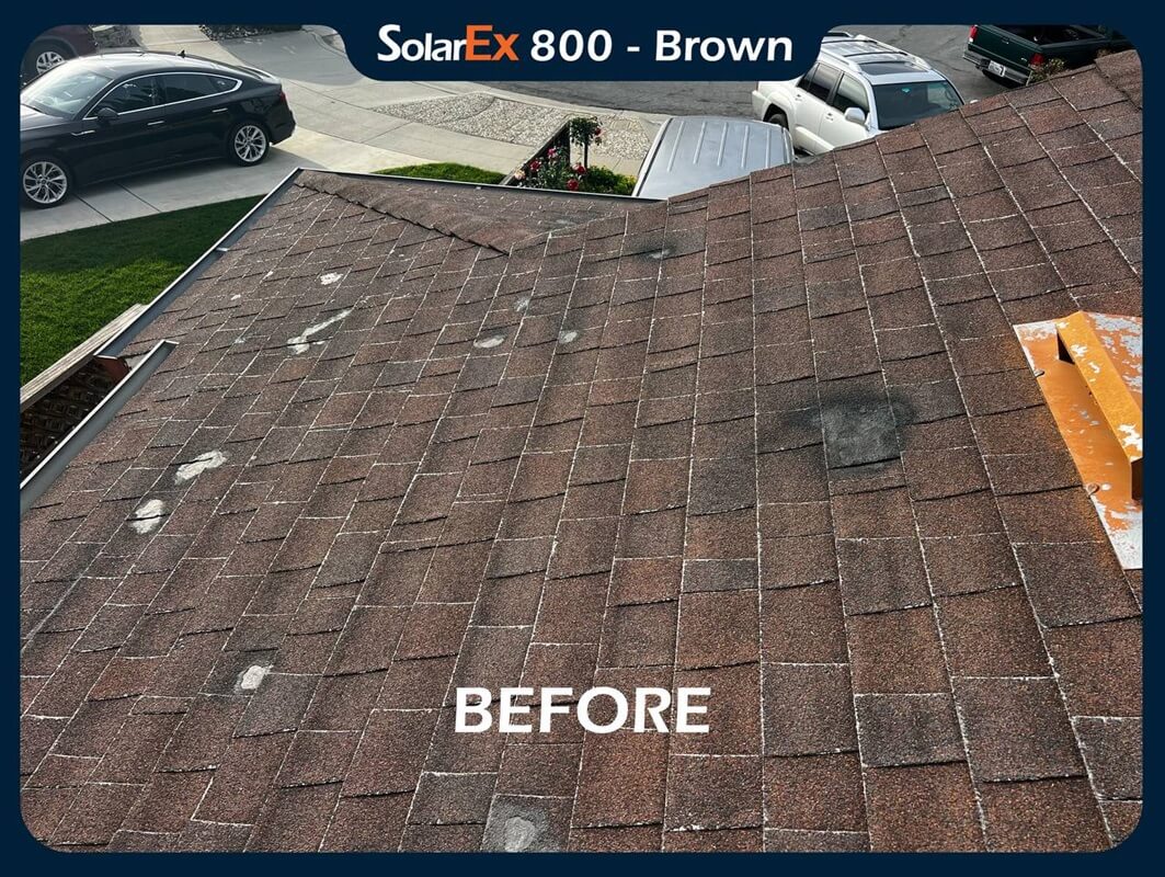 Asphalt shingle roof before and after application of ShinglEx 800 acrylic rejuvenation coating Brown3