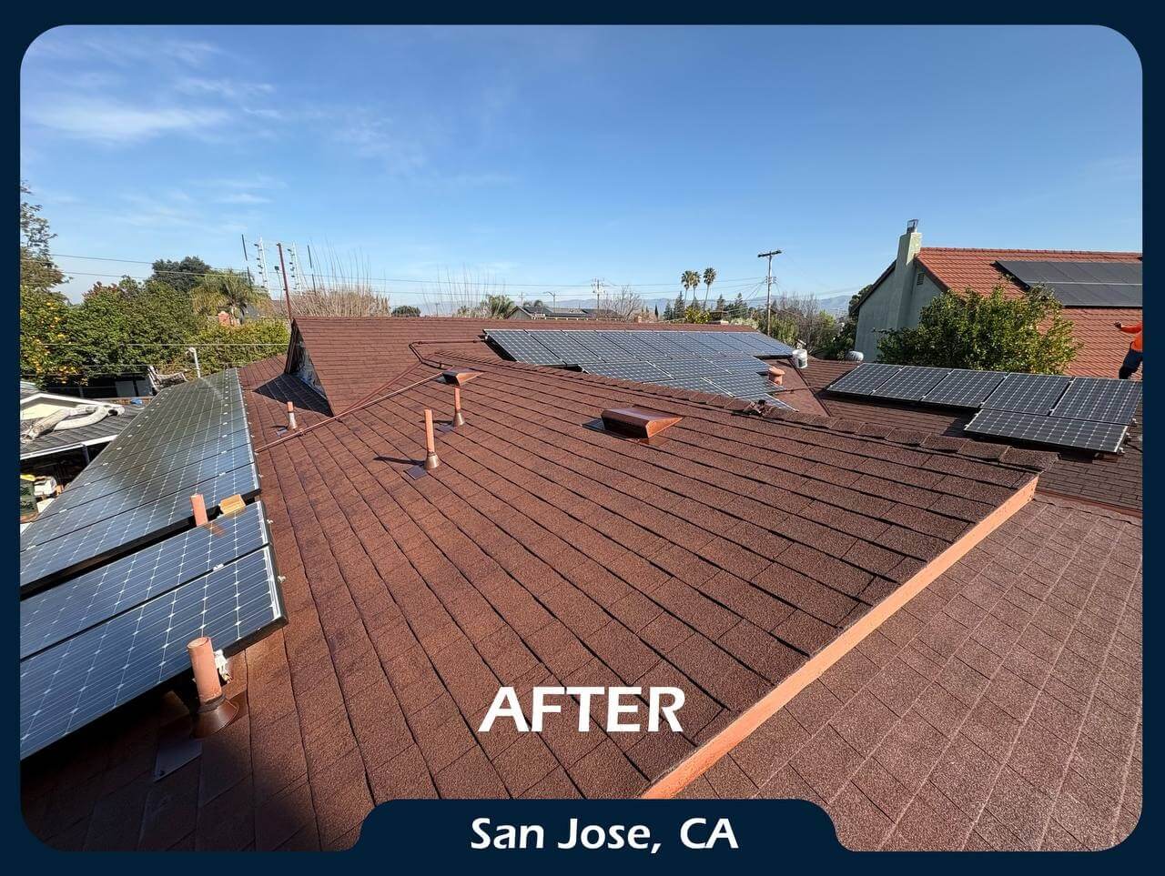 Asphalt shingle roof before and after application of ShinglEx 800 acrylic rejuvenation coating Brown 4