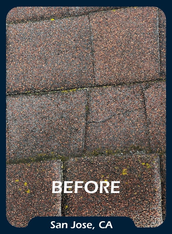 Asphalt shingle roof before and after application of ShinglEx 800 acrylic rejuvenation coating Brown 5