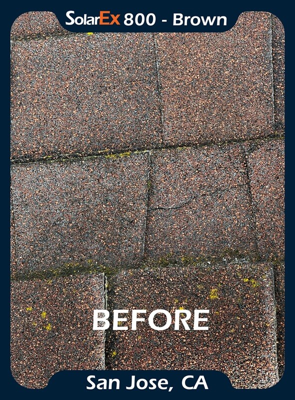 Asphalt shingle roof before and after application of ShinglEx 800 acrylic rejuvenation coating Brown 5