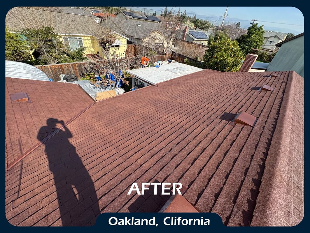 Asphalt shingle roof before and after application of ShinglEx 800 acrylic rejuvenation coating Brown 6