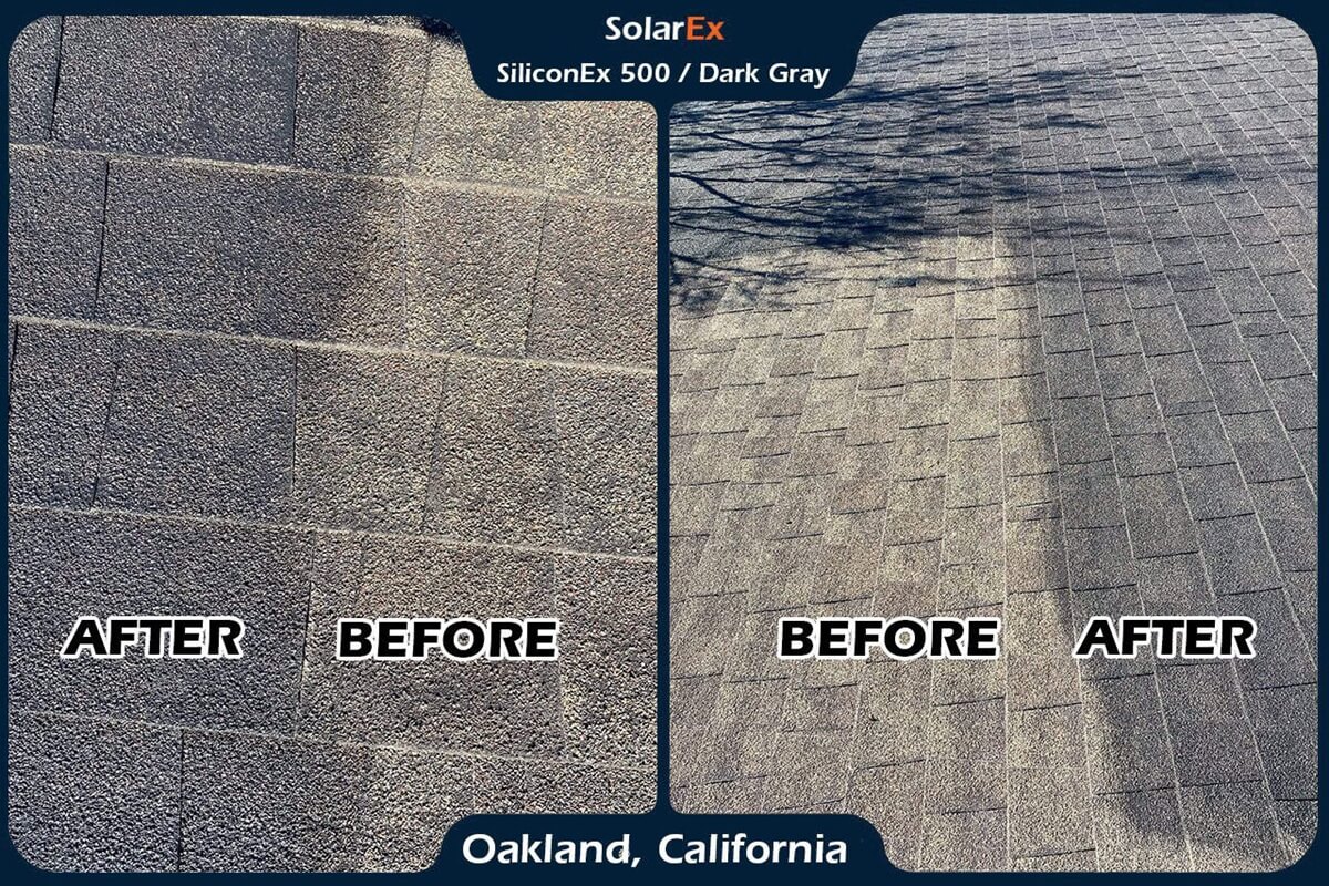 Asphalt shingle roof before and after application of ShinglEx 800 acrylic rejuvenation coating Dark Gray 1