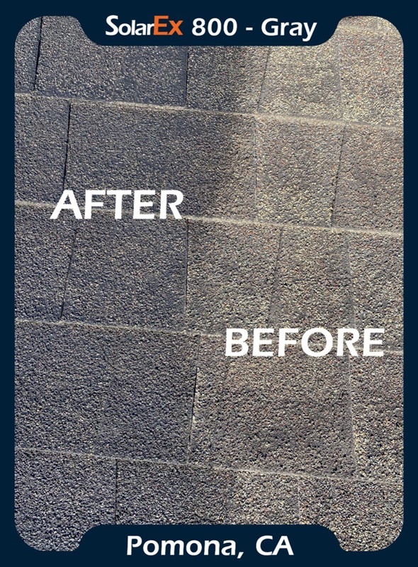 Asphalt shingle roof before and after application of ShinglEx 800 acrylic rejuvenation coating Dark Gray 3