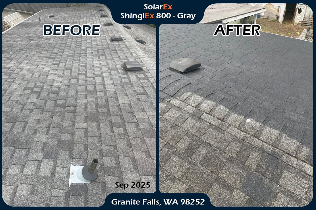 Asphalt shingle roof before and after application of ShinglEx 800 acrylic rejuvenation coating Gray 1