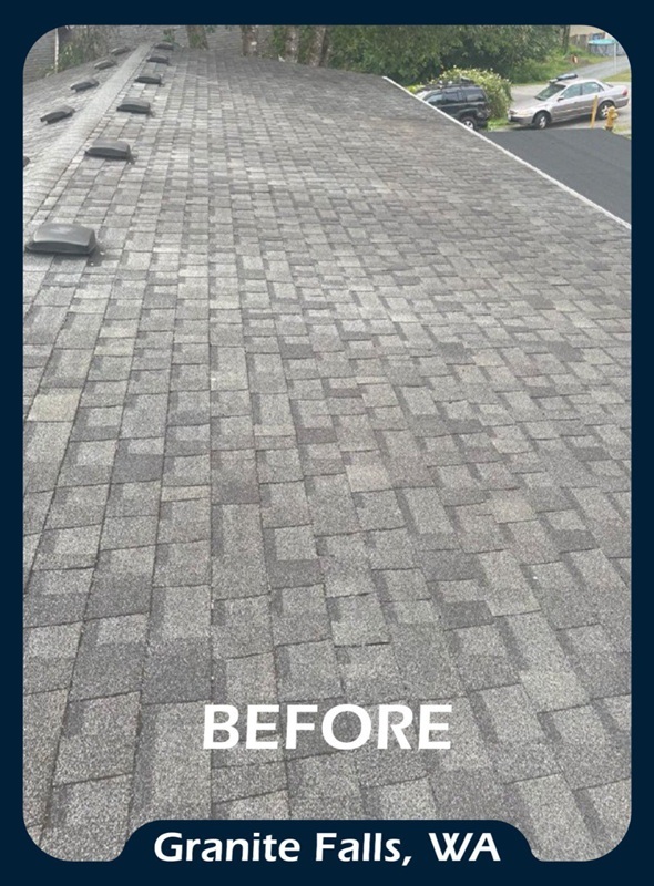 Asphalt shingle roof before and after application of ShinglEx 800 acrylic rejuvenation coating Gray 3
