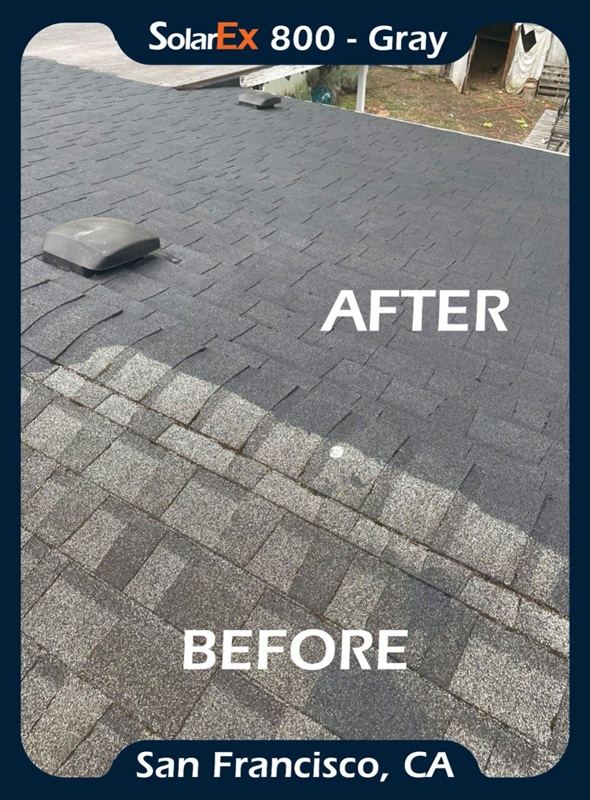 Asphalt shingle roof before and after application of ShinglEx 800 acrylic rejuvenation coating Gray 4