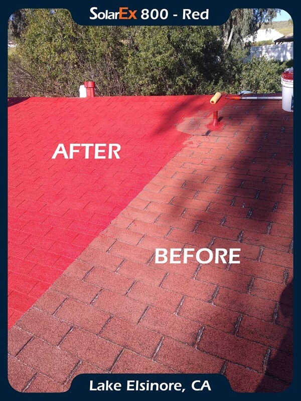 Asphalt shingle roof before and after application of ShinglEx 800 acrylic rejuvenation coating Red 1
