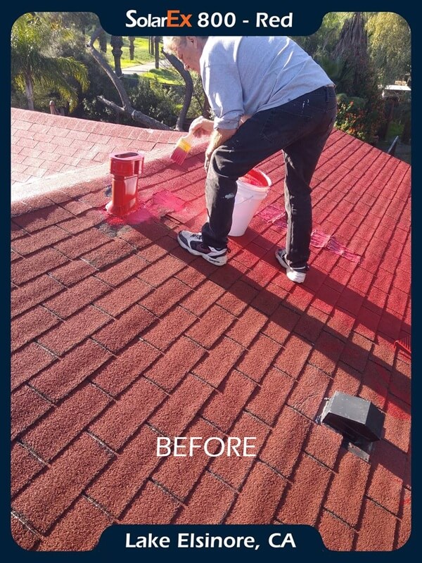 Asphalt shingle roof before and after application of ShinglEx 800 acrylic rejuvenation coating Red 2