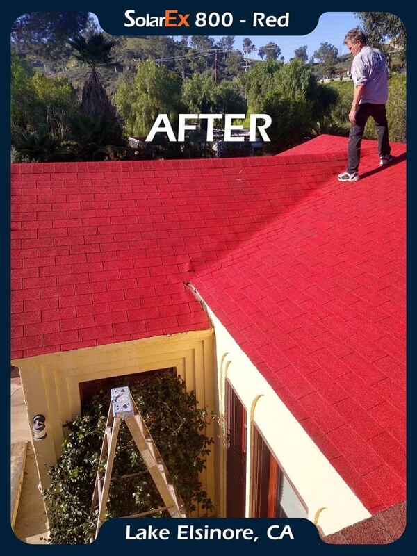 Asphalt shingle roof before and after application of ShinglEx 800 acrylic rejuvenation coating Red 3