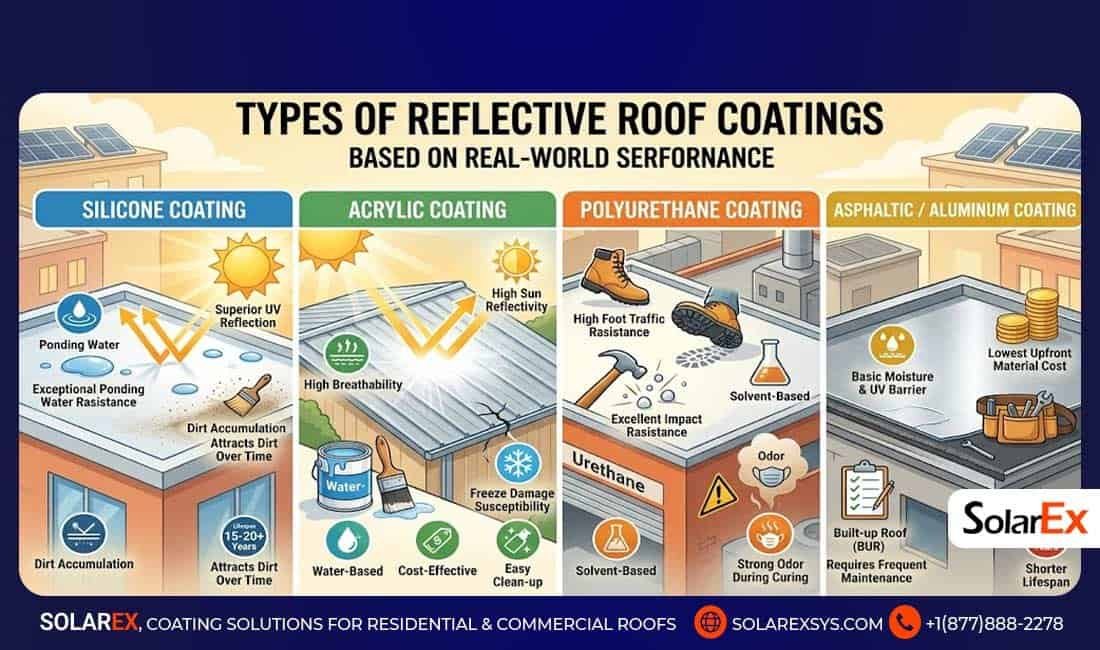 Comparison chart of 4 types of reflective roof coatings: Silicone, Acrylic, Polyurethane, and Asphaltic/Aluminum, showing their key features, benefits, and lifespan.